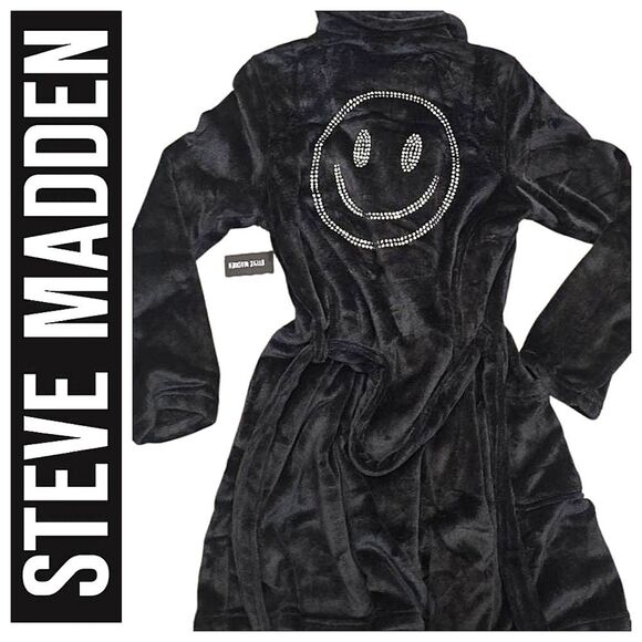 Steve Madden Rhinestone Smiley Face Plush Collar Robe- Black